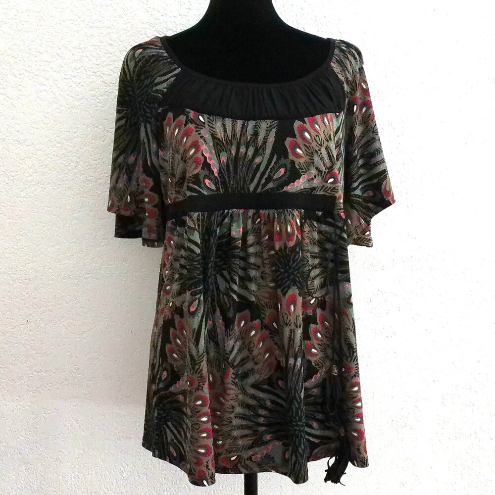 Bisou Bisou, Green/pink/black peacock abstract prints top, with leather tassels